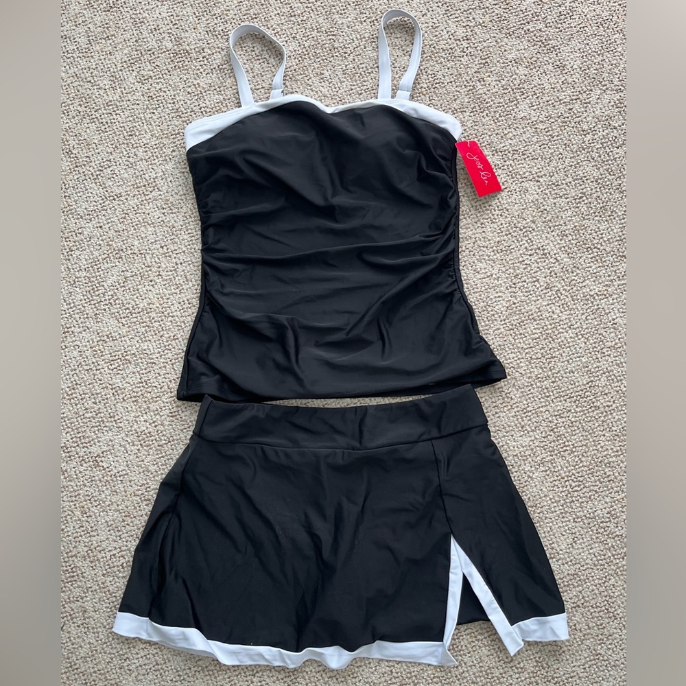 NWT Jess Lea Hit The Pool Skirted Swimsuit Two Piece Black White Women's